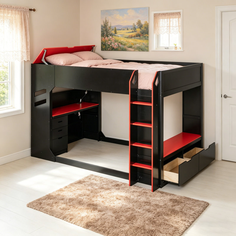 Lit mezzanine en bois pleine grandeur avec bureau réglable, rangement et lumières RVB pour les adolescents et les adultes, conception peu encombrante