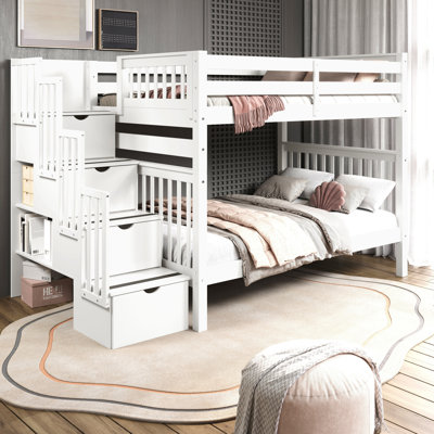 Tena Solid Wood Standard Stairway Bunk Beds Full over Full, 4 Drawers in the Steps, White