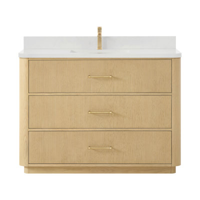 Meuble-lavabo simple Francesca de 122 cm (48 po) en chêne scandinave, comptoir arrondi en quartz Giotto, lavabo carré encastré (1 trou), garniture en bronze satiné