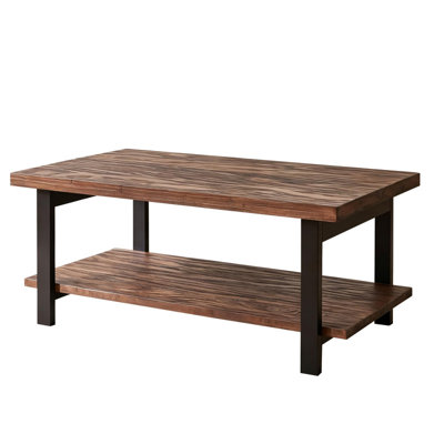 Rustic Industrial Coffee Table with Distressed Solid Pine Top, Rubberwood Legs & 2-Tier Open Storage for Living Room