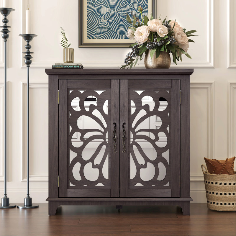 Élégant buffet avec 2 portes en miroir en acrylique, stratifié brun, tablettes réglables pour un rangement polyvalent, esthétique du grain de bois 3D, salon et cuisine au design charmant, assemblage facile et rapide