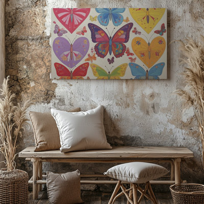 Toile, art mural, composition animée et colorée de plusieurs papillons disposés dans une grille ludique de qualité supérieure, prête à être accrochée