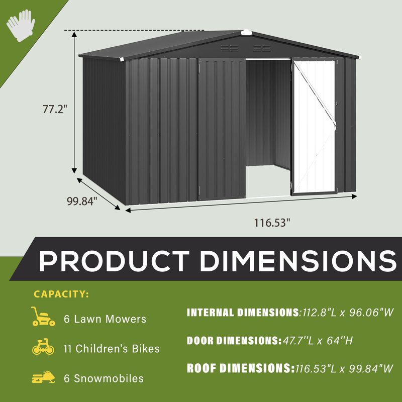 10 ft. W x 8 ft. D Galvanized Steel Storage Shed, Dark Gray
