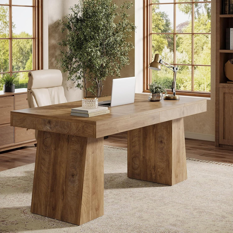 55.12" Modern Light Brown Wooden Executive Office Desk With Double Pedestal For Office