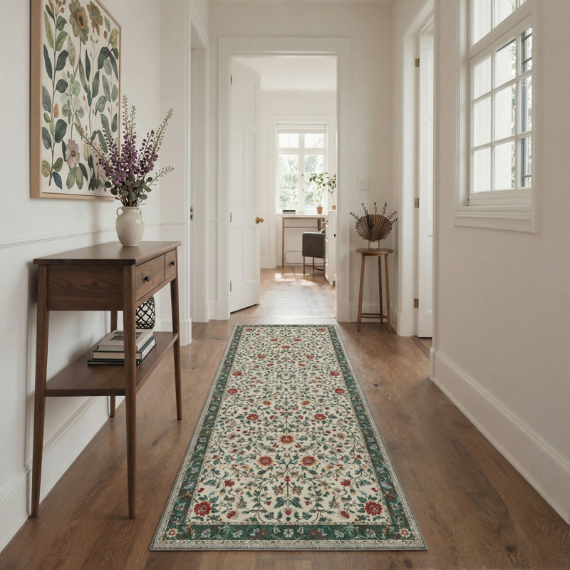 William Morris Botanical Green Floral Area Rug, Machine Washable, Inspired Faux Wool, Non-Slip Backing, Runner 2' x 7'