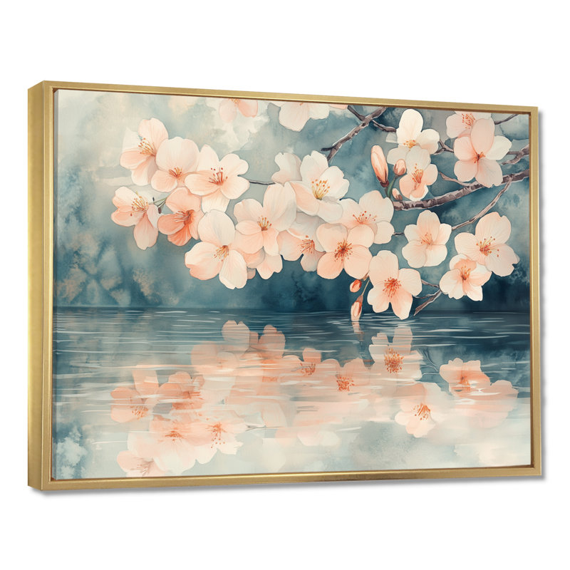 Décoration murale en toile Cherry Blossom Reflection I - Rose Sakura, H 30 po x l 40 po, Cadre naturel flottant