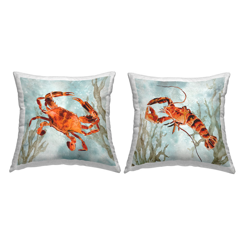 Ensemble de 2 coussins d'extérieur à imprimé crabe et homard Underwater par Carol Robinson
