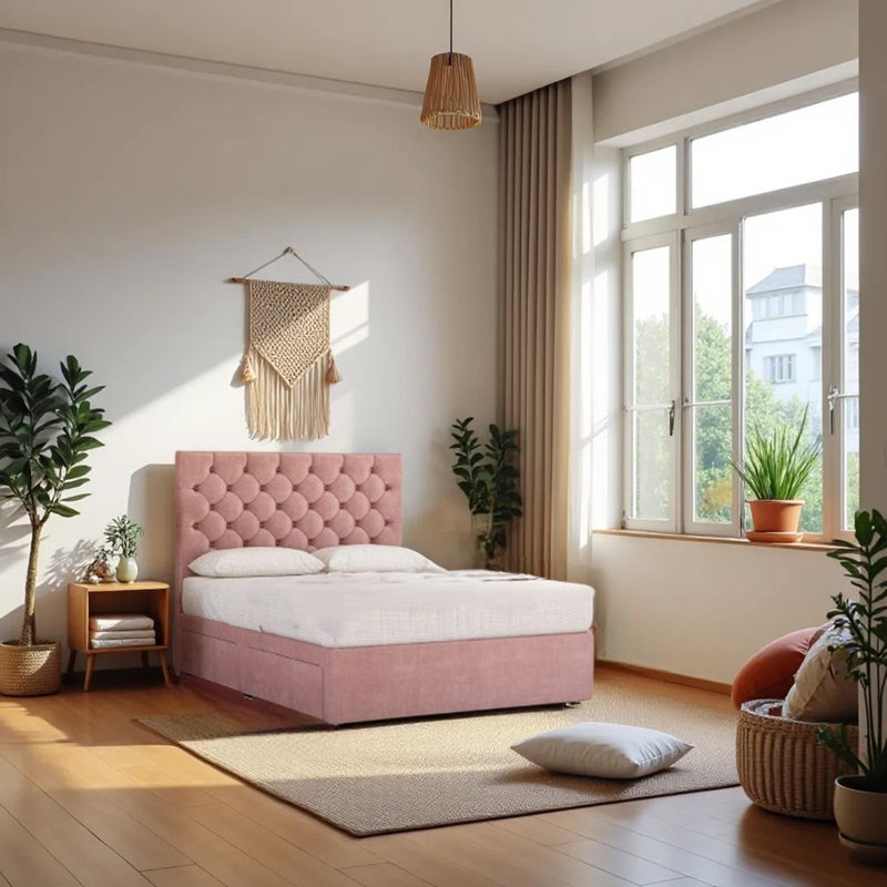 Upholstered Bed with Mattress, Small Double (4'), Pink