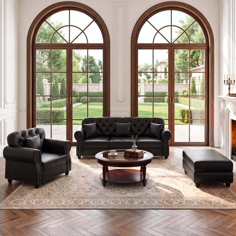Ensemble de salon 3 pièces Mid-Century Chesterfield, Black