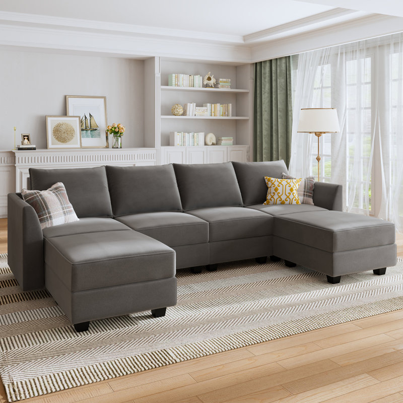 Tremee U Shaped Modular Sectional Upholstered Sofa Couch, Gray Velvet