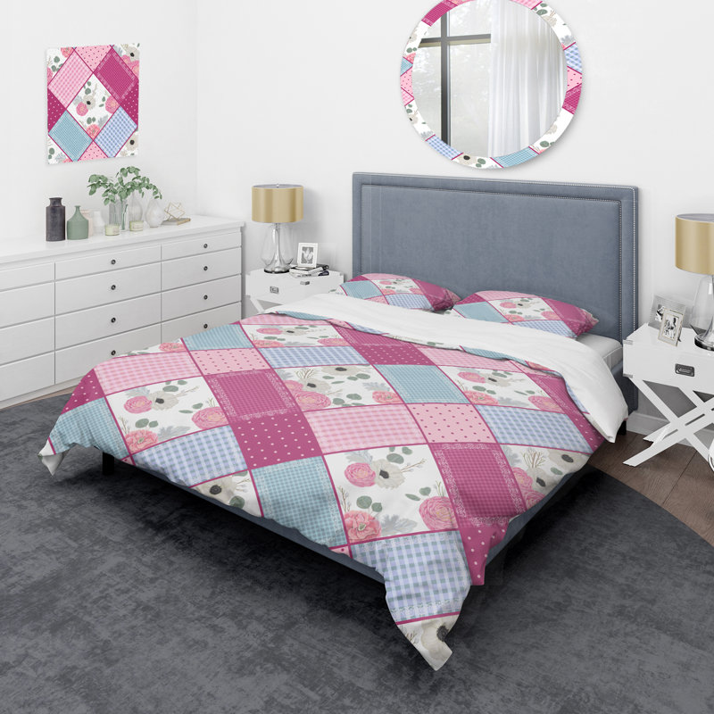 Patchwork floral rose - ensemble de housse de couette abstrait - microfibre de polyester