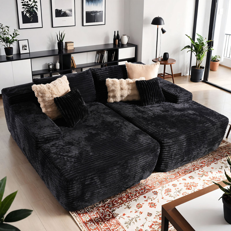 Cloudelle Boneless Compression Packed 2 - Piece No Assembly Required Corduroy Lounge Sectional, Black Corduroy