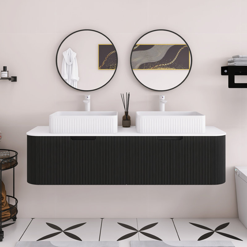 Meuble-lavabo mural 60 po avec bords incurvés et conception rayée, armoire de rangement avec 2 tiroirs, 2 lavabos rectangulaires en céramique blanche.