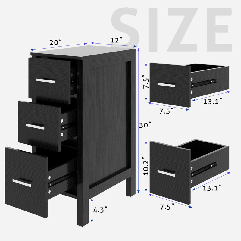 12" Freestanding Bathroom Side Cabinet with 3 Drawers, Black