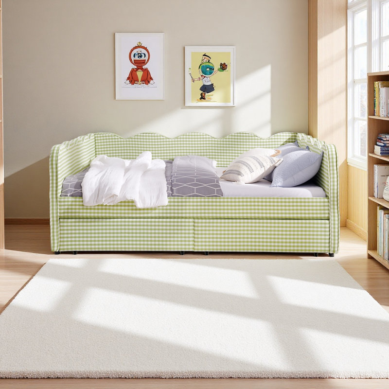 Lit de jour confortable en vichy avec deux tiroirs de rangement, avec port USB et adorable forme de vague, Grand lit, Green