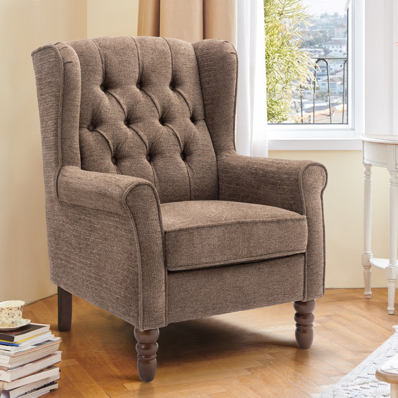 Button-Tufted Wingback Accent Chair - Solid Wood Legs with Rolled Arm &Thick Padded Cushion, Brown Polyester, Brown