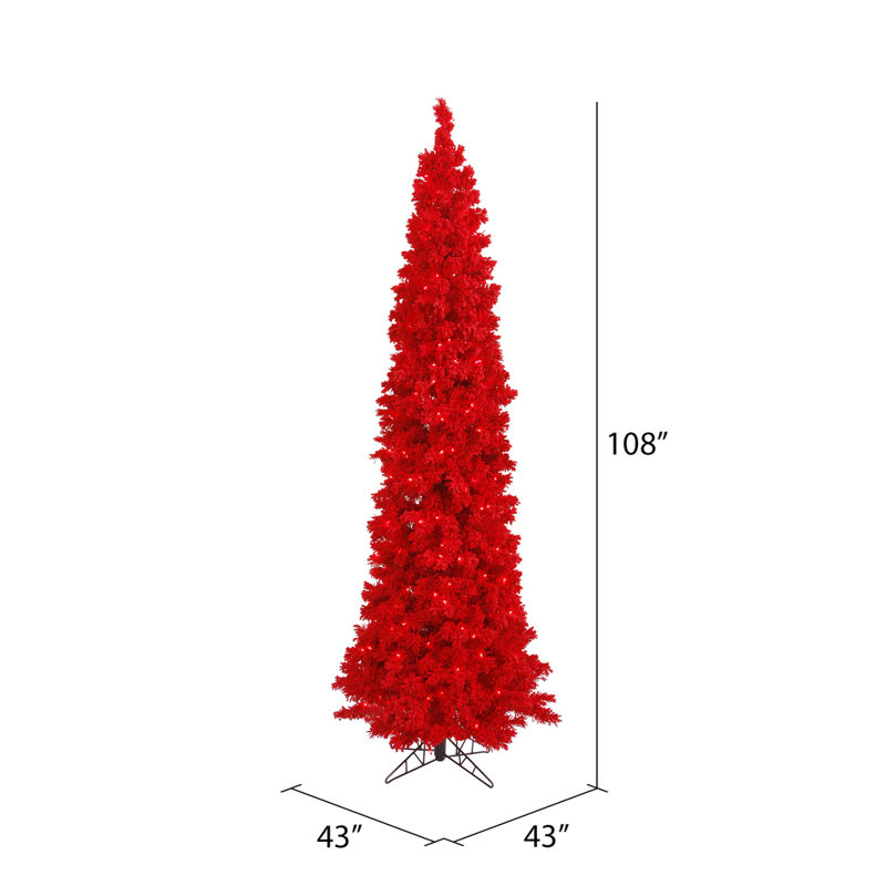 Sapin de Noël artificiel floqué rouge, H 9 pi, Illuminée