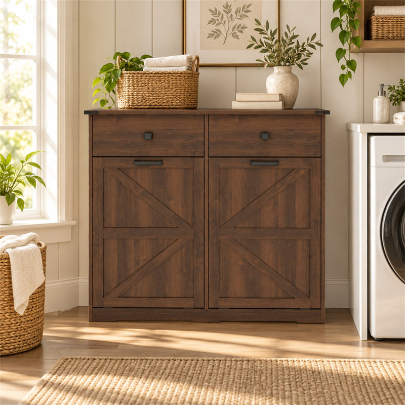 Farmhouse Double Tilt Out Trash Cabinet, 20 Gallon Hidden Trash Can Storage with 2 Drawers,Walnut(Trash can are not included)