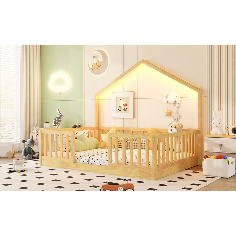 Full Floor Bed With High Rails, Wooden Montessori Bed With Light, Natural, Full