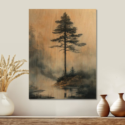 Pin émergeant de la brume - Décoration murale en bois représentant la nature