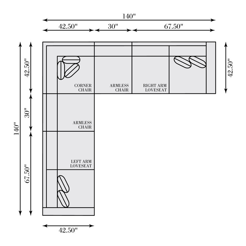 Sectional, Gray Polyester Blend, 35" H x  140" W x 140" D, Symmetrical