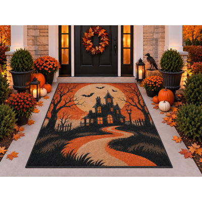 Tapis d'extérieur 152 x 213 cm, motif chauve-souris et lune d'Halloween, tapis bouclé imperméable en PVC, tapis de patio résistant, séchage rapide, idéal pour porche, terrasse, balcon ou entrée.