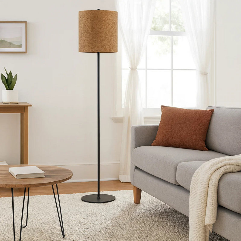 Plue 63 Inch Floor Lamp, Pole w Round Base, Cork Drum Shade, Black, Brown
