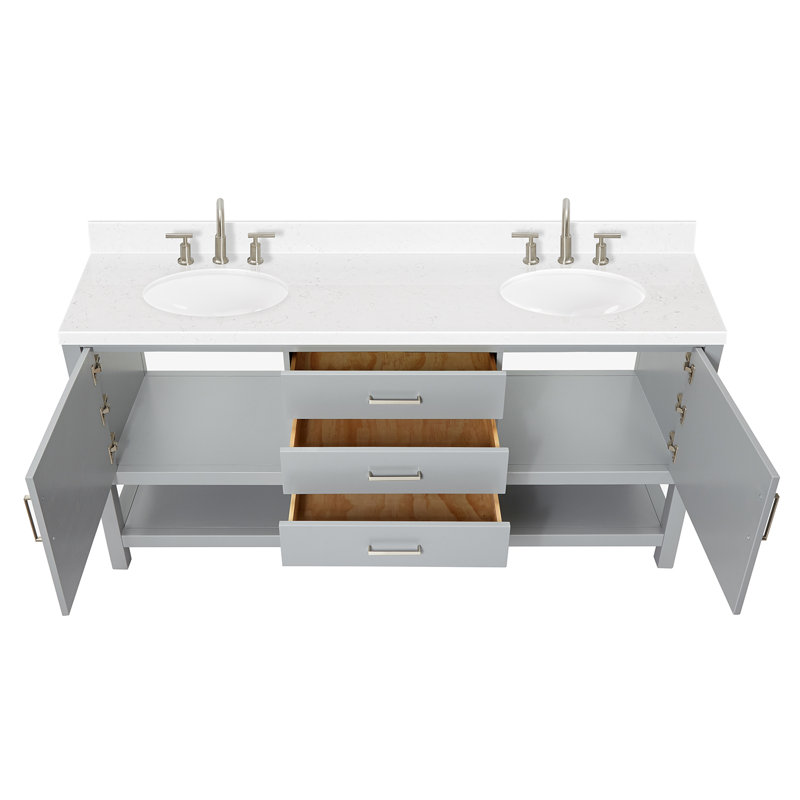 Ensemble de meuble-lavabo double 73 po Abby, Ovale, Gris, Quartz blanc de Carrare