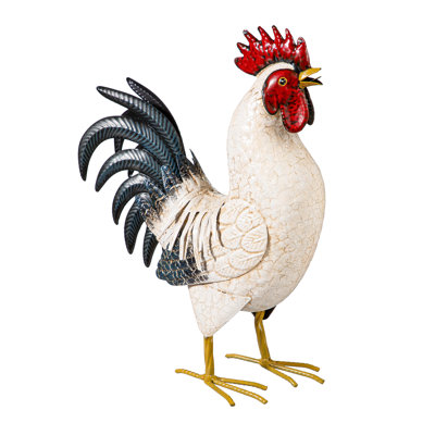 Metal Rooster With Light Feathers Garden Statue, 14in