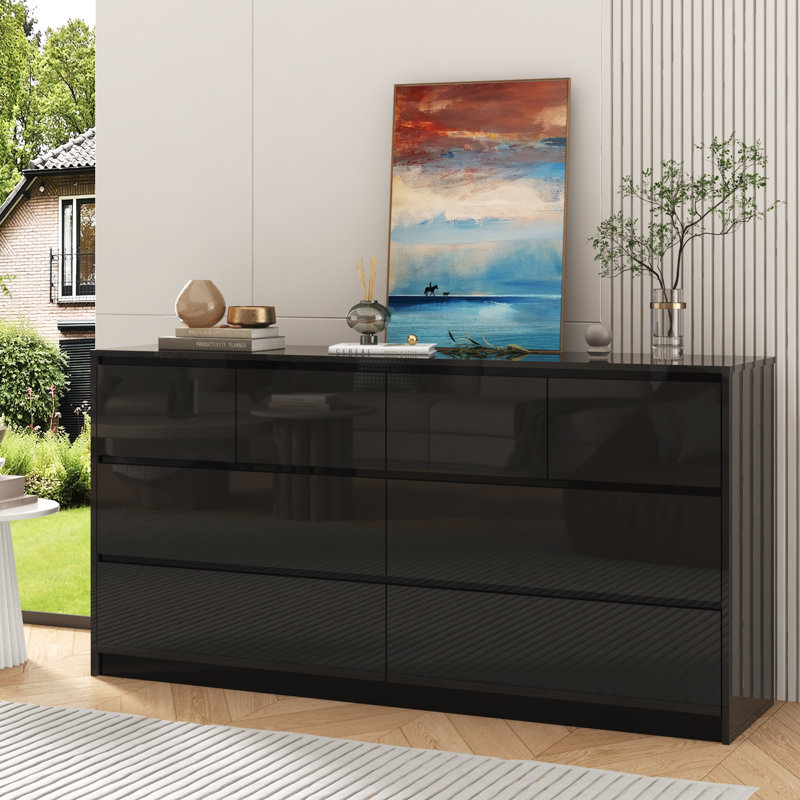 Commode 8 tiroirs 63 "à haute brillance pour chambre à coucher, salon, entrée, couloir, Noir