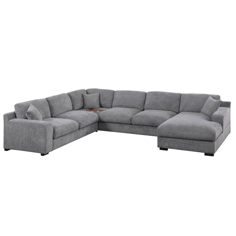 128"W Chenille Fabric Corner Sectional Sofa With Right-Facing Chaise, Cupholders And Charging Ports, Light Gray