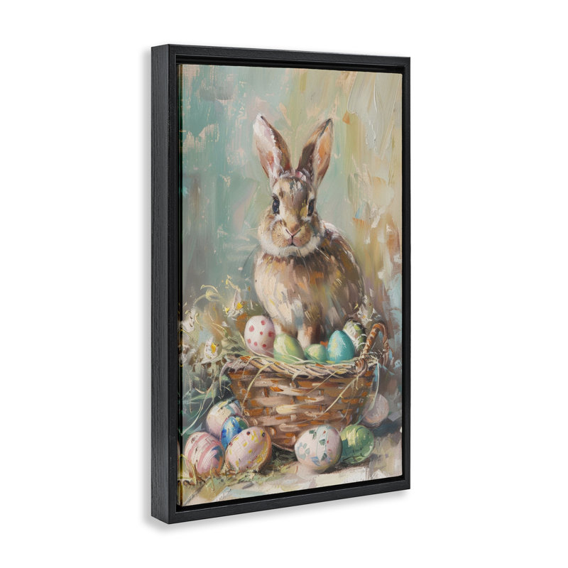 Spring Easter Bunny Basket Floating Frame, design by LSR Design Studio, Jet Black Floater Frame, 25" H x 17" W