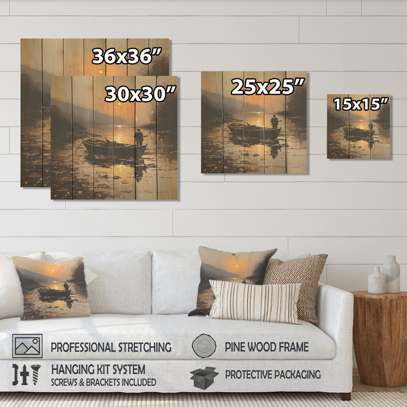 Pêche au bord de la lune orange et brune au bord du lac - Bateau de pêche sur bois, H 36 po x l 36 po