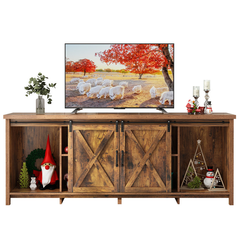 80" Farmhouse Sliding Barn Door TV Stand for TVs Up to 85" TVs, Entertainment Center Console Table with Adjustable Shevles