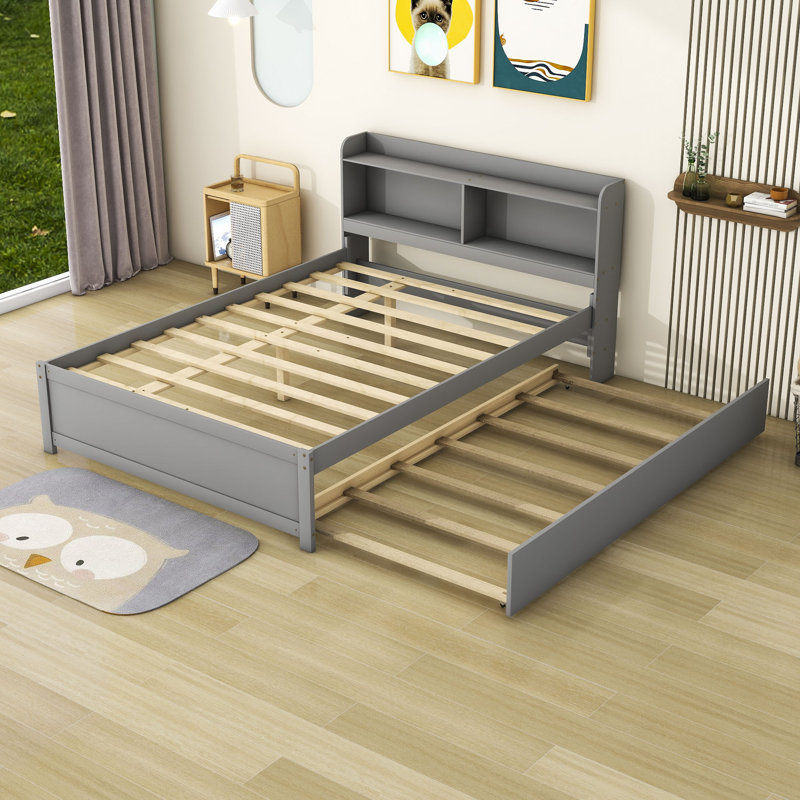Lit plateforme avec lit gigogne et tablettes de rangement, Gris, Full