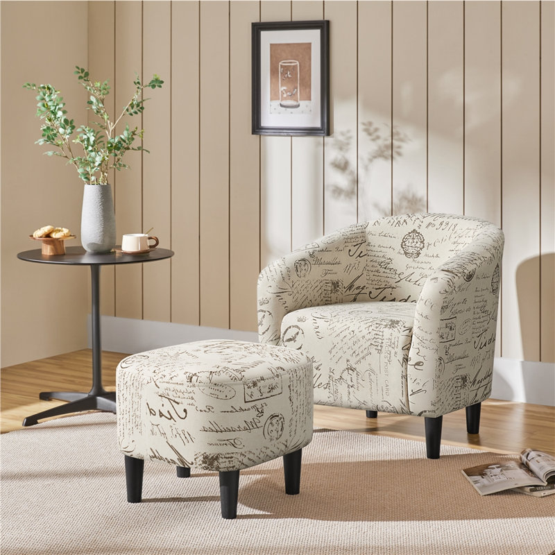 Fauteuil demi-tonneau et repose-pieds Riverside Drive, Velours beige