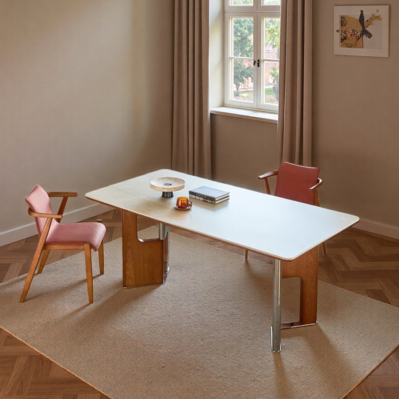 Beige Rock Slab Rectangular Dining Table Sets, 29.52" H x 78.74" W x 35.43" D, 7 Pieces: Table, 6 Chairs