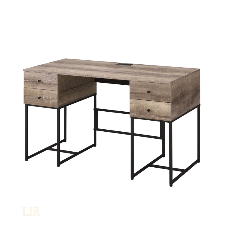 Desirre Rustic Oak & Black Finish Writing Desk With USB Port, Combining Modern Functionality And Rustic Charm For Efficient Workspaces.