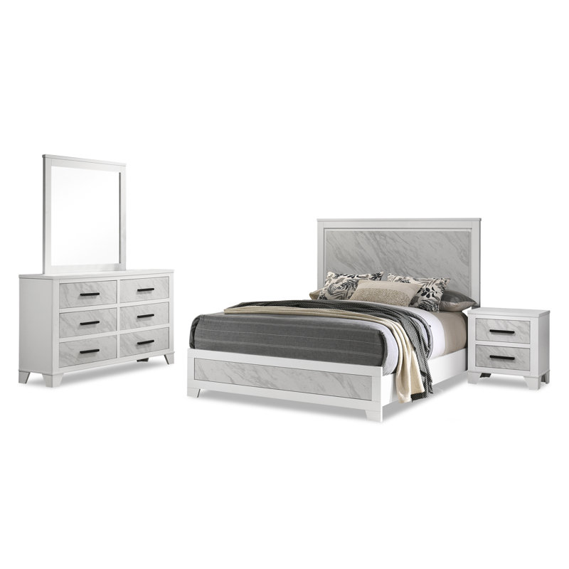 Ensemble de chambre à coucher 4 pièces Bains, Grand lit, 4 Pieces: Bed; Nightstand; Dresser; Mirror
