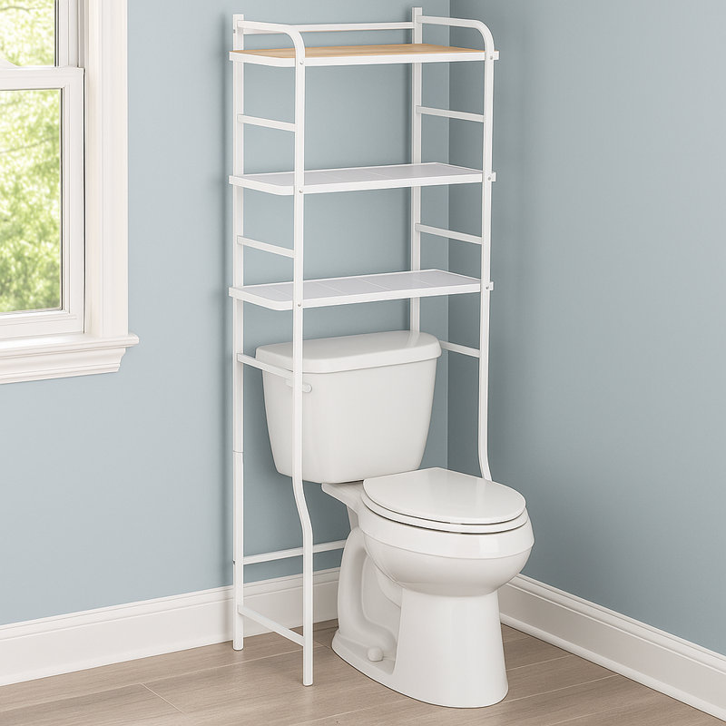 Noeli 3-Tier Over-the-Toilet Storage Rack, White with Bamboo Accent Shelf