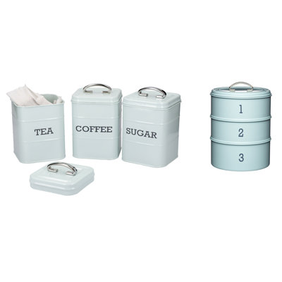 Living Nostalgia 4pc set including 3 Piece Coffee, Tea, & Sugar Set and 3 Tier Cake Tin