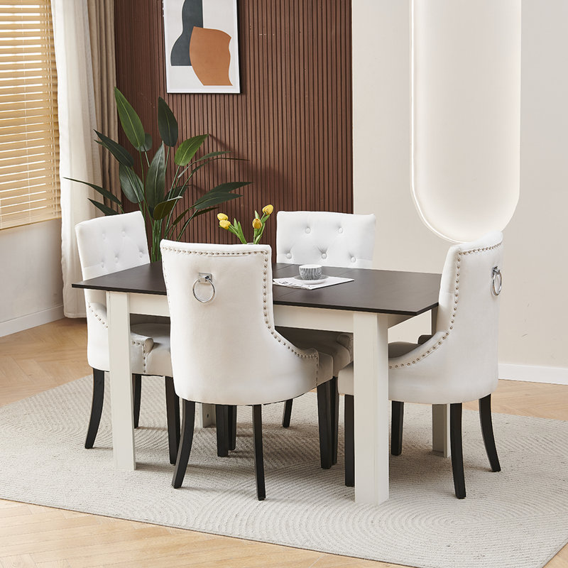 Walnut White 5-Piece Expandable Dining Table Set with 4 Upholstered Chairs, 120-150cm Extendable Table for 4-6 People, Modern Space-Saving Dining Set