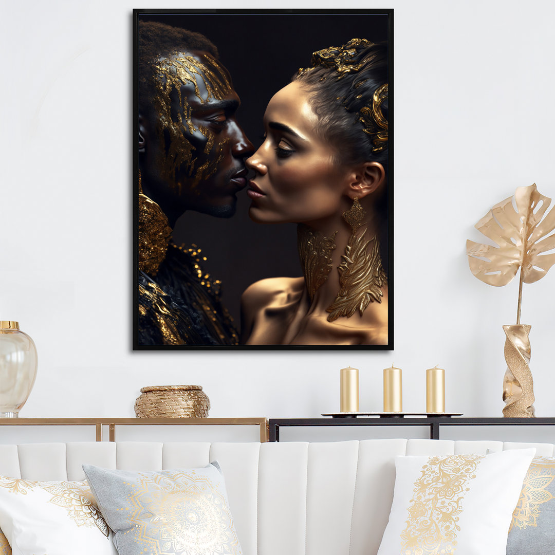 Gold African Amercian Couple Kissing - Romantic Portrait Wall Art House of Hampton®