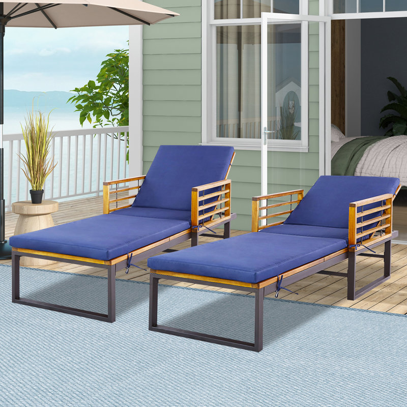 Derrisha Outdoor Metal and Solid Wood with Cushions Patio Chaise Lounge, 2