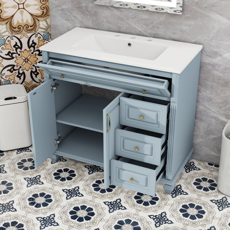 Meuble-lavabo autoportant avec 3 tiroirs, tiroir rabattable, tablette réglable et lavabo en céramique, Bleu gris