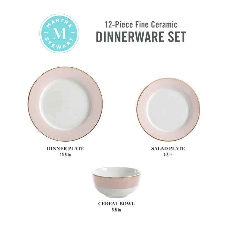 Pink Porcelain Coastal Dinnerware Set with Gold Rim, Service for 4