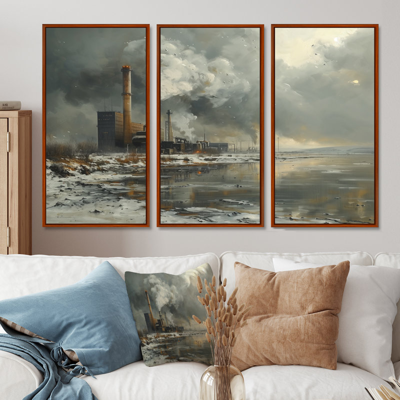 Ensemble de salon mural monochromes gris d'hiver, H 28 po x l 36 po x P 1 po, Toile avec cadre flottant brun