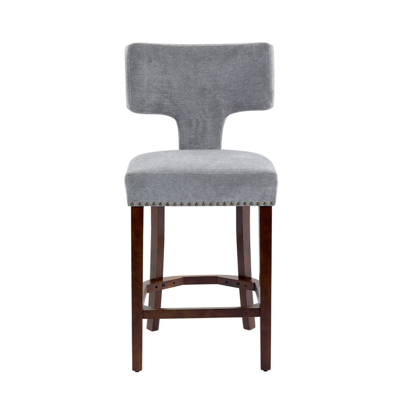 Tabourets de bar Mid-Century modernes à hauteur de comptoir avec clous en cuivre, Gris