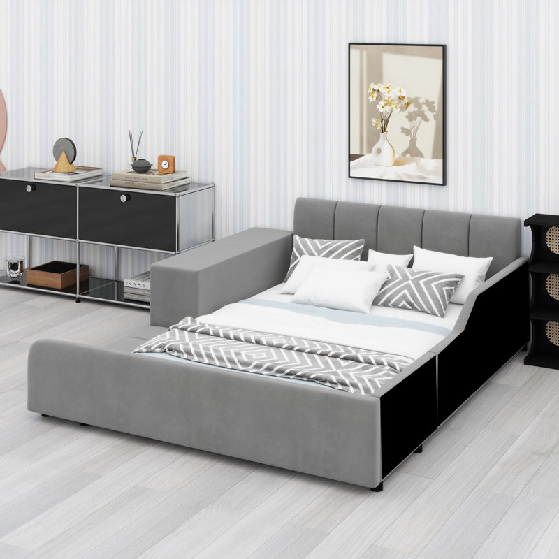 Lit tapissier au sol, lit d'enfant avec bureau de chevet et petit tabouret rond, Double, Gris clair