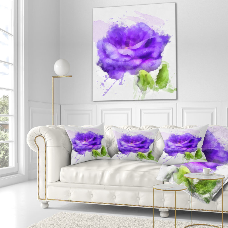 Fleur rose bleue avec éclaboussures de peinture - coussin imprimé floral, 18 po x 18 po, Coussin décoratif
